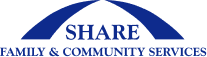 Logo is a dark blue arch over the word “SHARE” and the words “family & community services” below that. The words are dark blue.