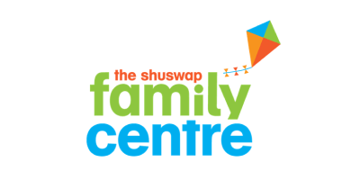 The logo features the words “the Shuswap” in small red letters, above the word “family” in large green letters, which is above the word “centre” in large blue letters. To the top right there is a kite, coloured blue, green, red, and orange.