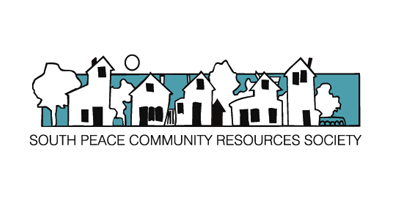 Logo is a line drawing of a row of houses, with some trees, in front of a blue rectangular background. “South Peace Community Resources Society” is below.