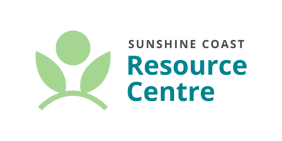 The logo features a circle centred between and slightly above two stylized leaves, all in green, on the left side. To the right, the text "SUNSHINE COAST" is written in uppercase grey letters above the text "Resource Centre" in larger blue letters.