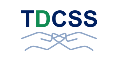 Logo with “TDCSS”, with the D green and the other letters blue, above a line drawing of two hands with their palms facing up.