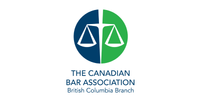 Logo featuring the scales of justice, in white, inside a circle. The left side of the circle is blue, the right side is green. Below are the words “The Canadian Bar Association British Columbia Branch.”