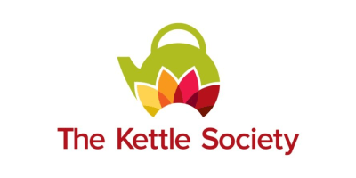 Logo with "The Kettle Society" in red type below a green kettle, which has a design of overlapping petals of yellow, orange, pink, and red.