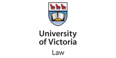 The logo consists of a shield with the text "University of Victoria" below it, and the text "Law" below that. The shield features three red birds at the top, a book with yellow pages in the centre, and alternating blue and white horizontal stripes at the bottom.
