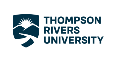 The logo consists of a shield with the words "Thompson Rivers University" on the right. The shield depicts two rivers running between two hills, with a semi-circle of sun behind the hills. 