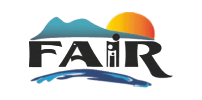 The logo features the word “FAiR” with the dot over the “i” representing a figure. There are two similar figures each smaller than the other within the largest “i”. Above the word to the left is a stylized mountain range with two peaks, and to the right is an orange sun. Below the word is a splash of blue colours representing water.