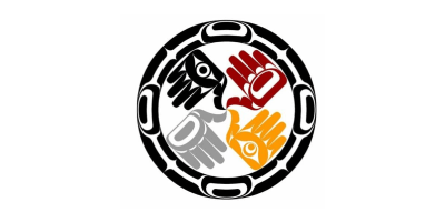 The logo features a circular design with four stylized hands in the center, coloured black, red, grey, and yellow, and each hand contains an eye symbol. The hands are surrounded by a black and white border with intricate patterns, resembling traditional Indigenous art. The overall design emphasizes unity and cultural heritage.