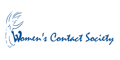 Logo with a line drawing of a woman at the left, next to the words “Women’s Contact Society” in a handwriting font. The logo is blue.