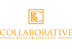 The logo features the letters "BC" in a stylized, interlocking design within a square at the top. Below the square, the word "COLLABORATIVE" is written in large, bold capital letters. Underneath "COLLABORATIVE," the words "ROSTER SOCIETY" are written in smaller capital letters. The entire logo is orange.