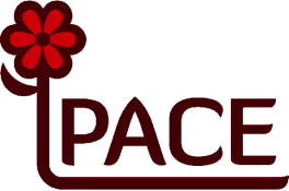 Logo features a stylized drawing of a brown flower with red petals, with its stem forming an underline for the letters PACE to the right of the flower.