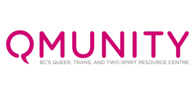 Logo features "QMUNITY" in hot pink, rounded lettering, with the words "BC's queer, trans, and two-spirit resource centre" below in small grey letters.