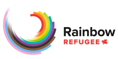 Logo features a curved design in rainbow colours, including pink, blue, brown, and black, and the organization name, with a red maple leaf after the name.