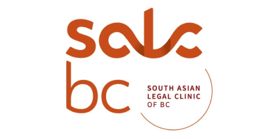 Logo features the acronym "salc bc" in lowercase, bold, orange letters. To the right, there is a text block in smaller font that reads "SOUTH ASIAN LEGAL CLINIC OF BC," also in orange, contained within a partial circular outline.