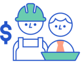 dollar sign and two people, one in hard hat and one in tie